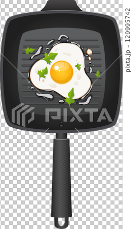 Sunny-side up egg cooked in a grill pan, garnished with parsley, ready to be savored! 129995742