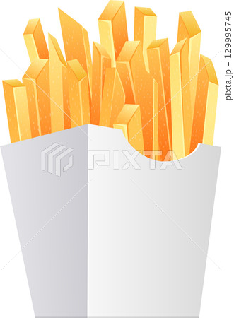 Golden french fries overflowing from a simple white paper carton, a classic fast food image. 129995745