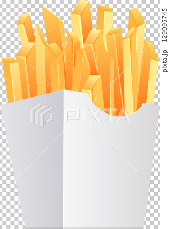 Golden french fries overflowing from a simple white paper carton, a classic fast food image. 129995745