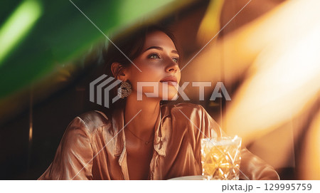 A stunning woman enjoys a moment of peace in a stylish bar, bathed in warm light. A beautiful woman gazes upwards in a softly lit setting, possibly a bar or restaurant This is AI-generated item A stunning woman enjoys a moment of peace in a stylish bar, bathed in warm light. A beautiful woman gazes upwards in a softly lit setting, possibly a bar or restaurant This is AI-generated item 129995759