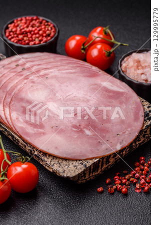 Sliced ham, meat, pork or turkey sausage for sandwiches. Ham slices, food 129995779