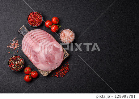 Sliced ham, meat, pork or turkey sausage for sandwiches. Ham slices, food Sliced ham, meat, pork or turkey sausage for sandwiches. Ham slices, food 129995781