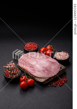 Sliced ham, meat, pork or turkey sausage for sandwiches. Ham slices, food 129995783