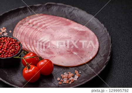 Sliced ham, meat, pork or turkey sausage for sandwiches. Ham slices, food 129995792