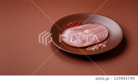 Sliced ham, meat, pork or turkey sausage for sandwiches. Ham slices, food 129995799