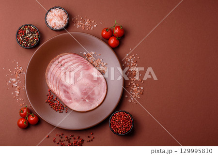 Sliced ham, meat, pork or turkey sausage for sandwiches. Ham slices, food 129995810