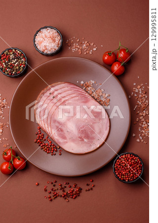 Sliced ham, meat, pork or turkey sausage for sandwiches. Ham slices, food 129995811