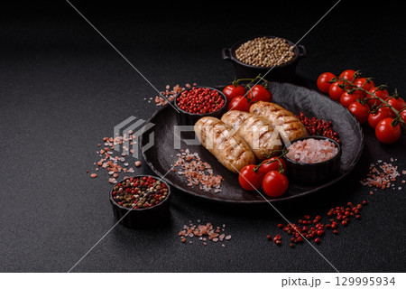 Grilled chicken or beef sausages, a hot meat dish. Barbecued sausages 129995934