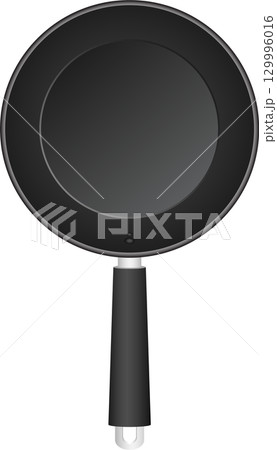 An illustration of a black frying pan with a long handle and a simple design. Kitchenware 129996016