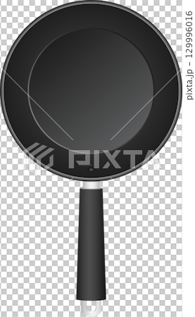 An illustration of a black frying pan with a long handle and a simple design. Kitchenware 129996016