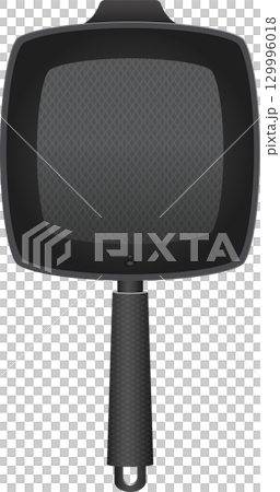 Illustration of a nonstick frying pan featuring a square shape and textured handle on dark backdrop. 129996018