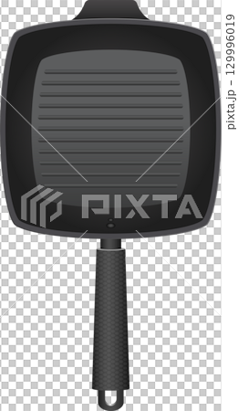 A square, dark gray grilling pan with ridged interior, a textured handle, and a hanging loop. 129996019