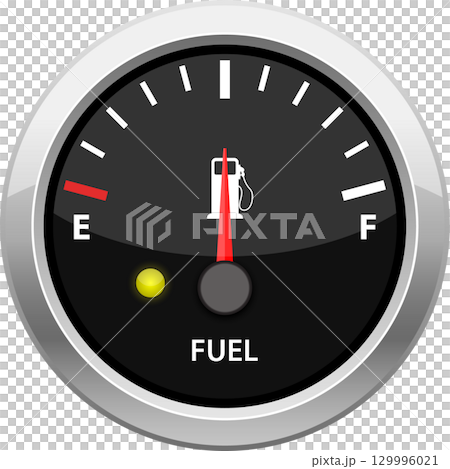 Illustration of a fuel gauge on near full, signaling adequate level with a yellow indicator light Illustration of a fuel gauge on near full, signaling adequate level with a yellow indicator light 129996021