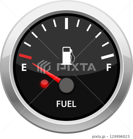 Illustration of a fuel gauge indicating the vehicle is nearly empty, showing the 'E' symbol. 129996023