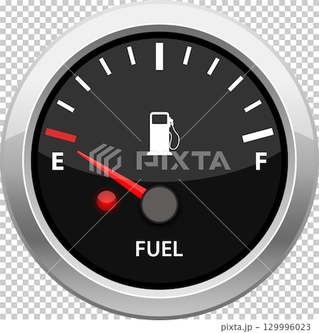 Illustration of a fuel gauge indicating the vehicle is nearly empty, showing the 'E' symbol. 129996023