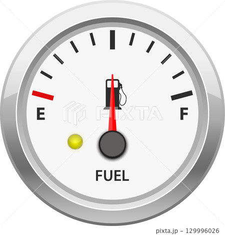 Fuel gauge showing low fuel level, emphasizing need for refueling at a gas station soon. 129996026