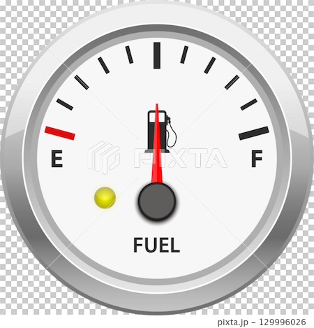 Fuel gauge showing low fuel level, emphasizing need for refueling at a gas station soon. 129996026