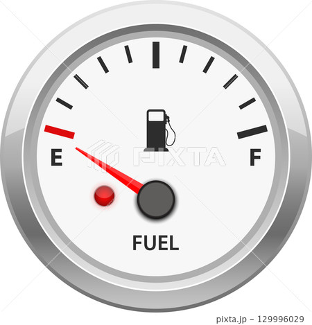 Fuel gauge indicating empty tank, red warning light is on. A reminder to refill the tank. 129996029