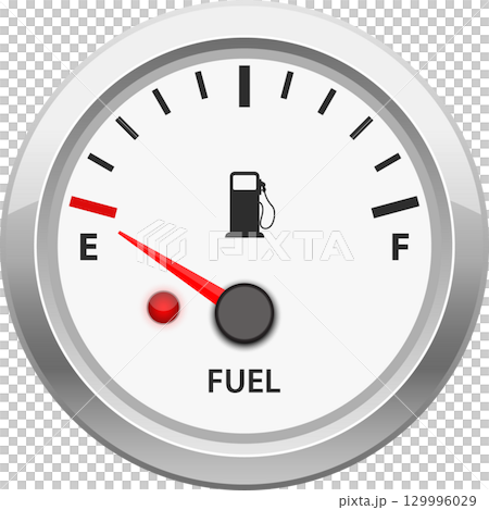 Fuel gauge indicating empty tank, red warning light is on. A reminder to refill the tank. 129996029