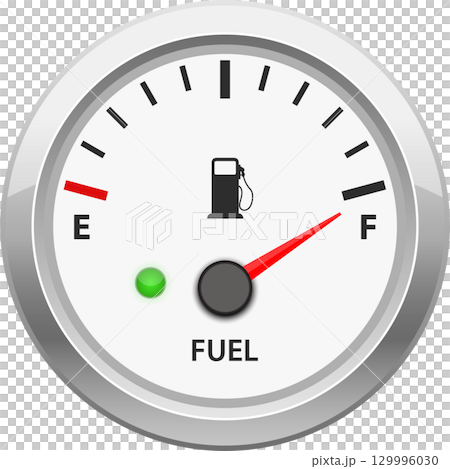 Fuel gauge showing a full tank, displayed with a red needle on the 'F' mark, ready to go. 129996030