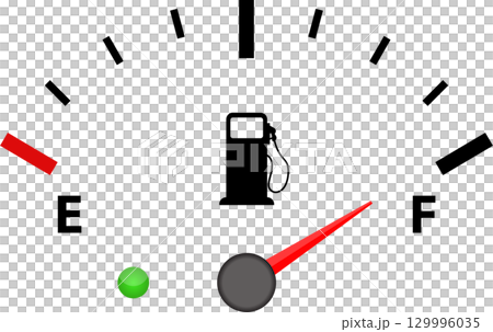 A gauge with a red indicator, a green light, and a red zone indicator.  Minimalist design. 129996035