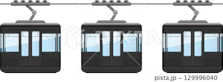 Three cable cars suspended from a cable, ready to transport passengers with a scenic view. 129996040