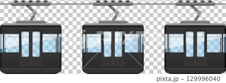 Three cable cars suspended from a cable, ready to transport passengers with a scenic view. 129996040
