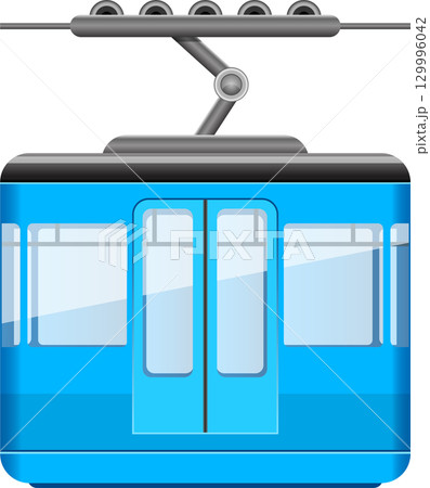 A vibrant blue sky tram with a grey cable system, isolated against a stark black backdrop. 129996042