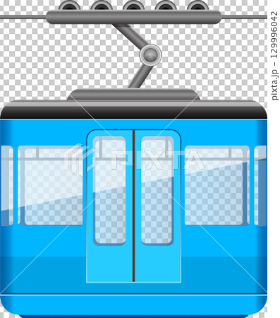 A vibrant blue sky tram with a grey cable system, isolated against a stark black backdrop. 129996042