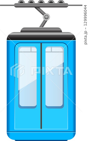 Cartoon style blue cable car hanging from a cable, ready to transport passengers to a high place. 129996044