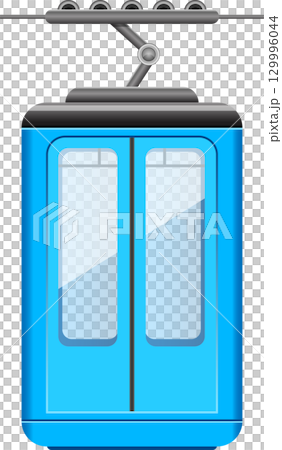 Cartoon style blue cable car hanging from a cable, ready to transport passengers to a high place. 129996044