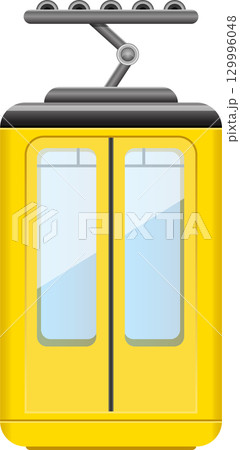 A bright yellow gondola cabin with transparent doors is attached to an overhead cable system. 129996048