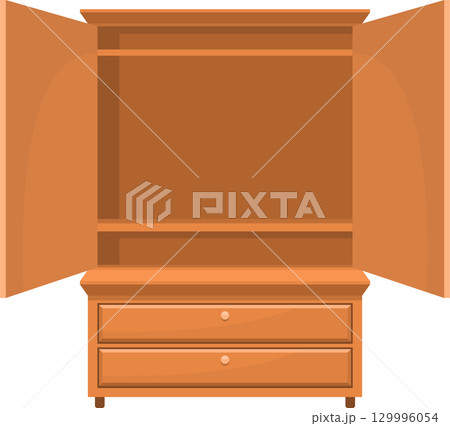 A wooden armoire stands open, revealing empty shelves and drawers ready for organization A wooden armoire stands open, revealing empty shelves and drawers ready for organization 129996054