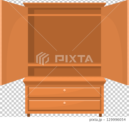 A wooden armoire stands open, revealing empty shelves and drawers ready for organization A wooden armoire stands open, revealing empty shelves and drawers ready for organization 129996054
