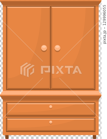 A simple illustration depicts a wooden cabinet with two doors and two drawers in a cozy setting. A simple illustration depicts a wooden cabinet with two doors and two drawers in a cozy setting. 129996055