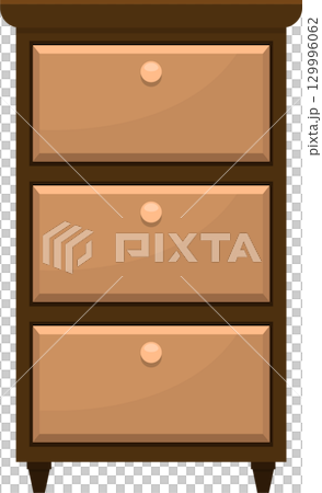 Illustration of a dark brown three-drawer dresser cabinet, featuring round knobs and clean lines. Illustration of a dark brown three-drawer dresser cabinet, featuring round knobs and clean lines. 129996062