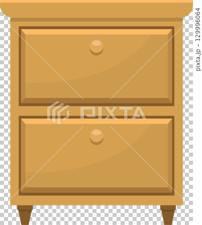 Illustration of a wooden nightstand with two drawers, featuring simple design and small knobs. Illustration of a wooden nightstand with two drawers, featuring simple design and small knobs. 129996064