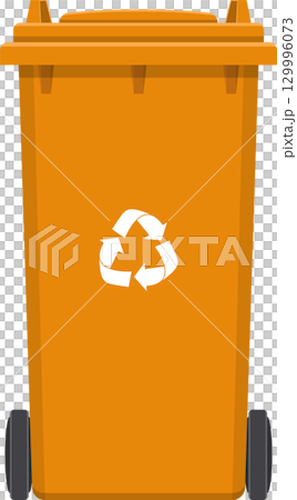 Front view of an orange recycle bin with a recycling symbol, set on a black background. 129996073