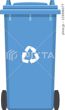 A blue recycling bin with the recycling symbol on a black background. Clean and organized. 129996077