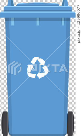 A blue recycling bin with the recycling symbol on a black background. Clean and organized. 129996077