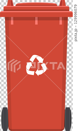 Eye-level shot of a red trash bin with a lid and recycling symbol on the front, great for disposal. Eye-level shot of a red trash bin with a lid and recycling symbol on the front, great for disposal. 129996079