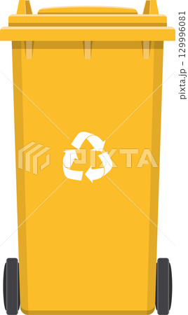 A yellow recycling bin with a recycling symbol displayed on a black background A yellow recycling bin with a recycling symbol displayed on a black background 129996081