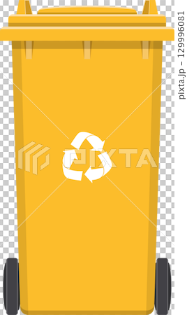 A yellow recycling bin with a recycling symbol displayed on a black background A yellow recycling bin with a recycling symbol displayed on a black background 129996081