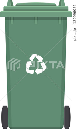 Green recycle bin on wheels, features the white recycling symbol. Black background contrasts. 129996082