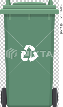 Green recycle bin on wheels, features the white recycling symbol. Black background contrasts. 129996082