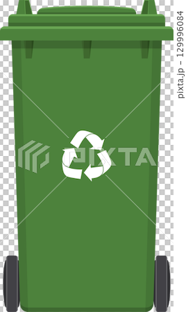 Green recycle bin with the recycling symbol on the side, placed on a black background. 129996084