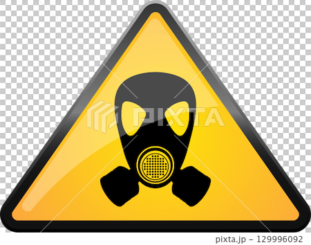 Yellow warning sign with a black gas mask icon alerting to dangerous, toxic air or substances. 129996092