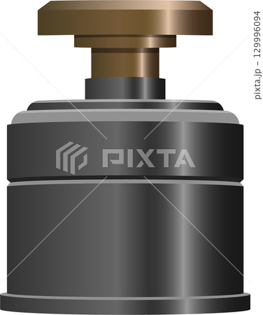 An isolated illustration shows a metal push button with a gray body and copper colored top. 129996094