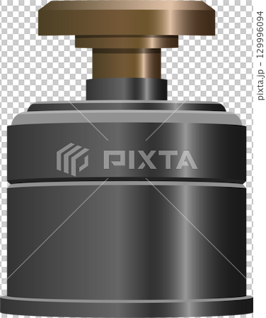 An isolated illustration shows a metal push button with a gray body and copper colored top. 129996094