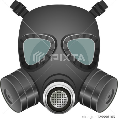 Illustration of a dark gray full-face gas mask, designed to protect against harmful substances. Illustration of a dark gray full-face gas mask, designed to protect against harmful substances. 129996103